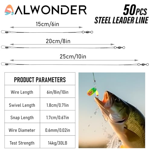 Fishing Leaders 50-Pack - 30LB Stainless Steel Wire, 8in Black