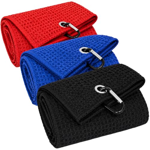 Golf Towel 3-Pack - 16x16 Microfiber Waffle Cleaning Cloth - Black/Blue/Red