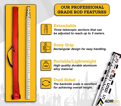 AdirPro 16FT Aluminum Grade Rod - 10ths, Dual Sided Telescopic Leveling Tool with Bubble Level & Carry Case