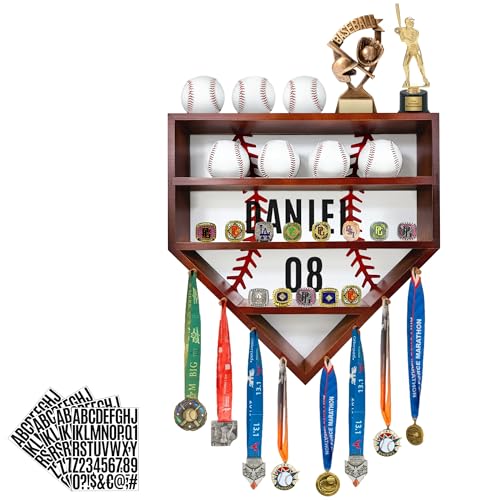 Walnut Baseball Display Case - Wall-Mounted Shelf for 10 Balls, 13 Rings & 8 Medals (Montex)