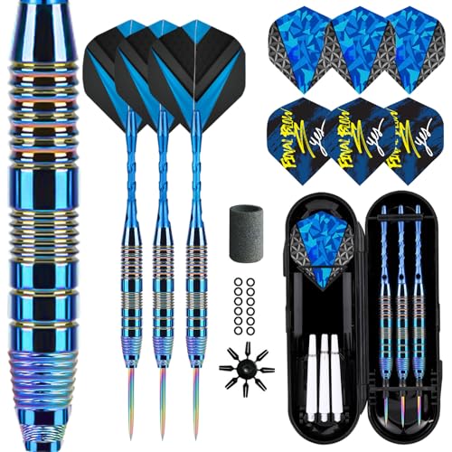 Trecynd Blue Metal Tip Darts Set with Aluminum Shafts & Extra Flights - 22g Professional Steel Tip Darts for Beginners & Pros