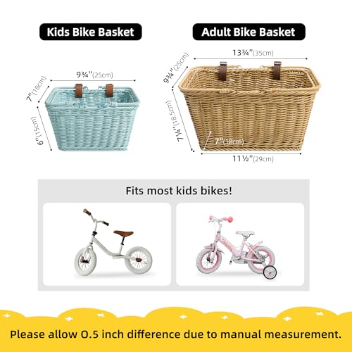 Kids Bike Basket - Light Blue Wicker Basket with Adjustable Straps