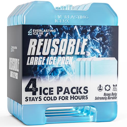 Everlasting Ice RX Large Reusable Cooler Ice Packs 4 Pack with Handle - Long Lasting, BPA Free, Extended Cooling for Camping, Fishing, Beach
