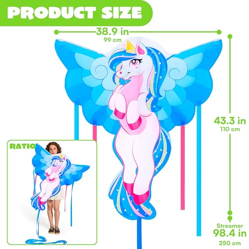 Blue Unicorn Kite - Large Easy Fly Beach Kite for Kids & Adults
