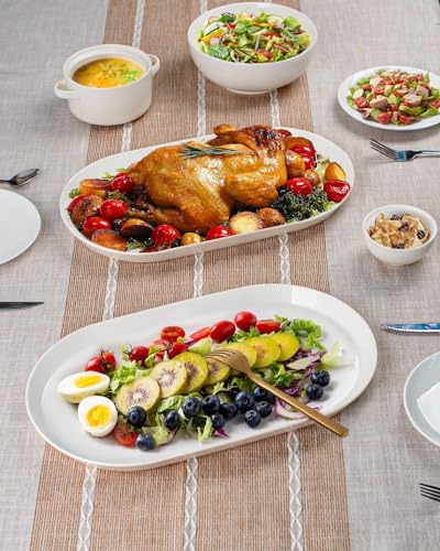 16-Inch Oval Ceramic Serving Platter Set - White Food Tray for Turkey, Appetizers & Entertaining
