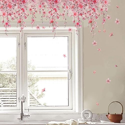 Cherry Blossom Flower Vine Wall Decal Peel and Stick Removable Floral Wall Art for Girls Bedroom Nursery Living Room Decor with Hanging Vines Blossoms