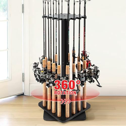 Ghosthorn Black Rotating Fishing Rod Holder for Garage Storage, 360° Spin, Holds 16 Rods