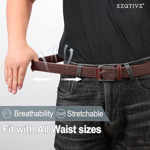 Braided Stretch Belt for Men - Elastic Woven Golf Belt, Coffee - Waist 33-38in