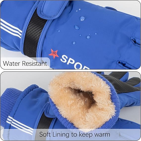 Kids Winter Ski Gloves - Windproof Warm Blue Gloves (5-10 Years)