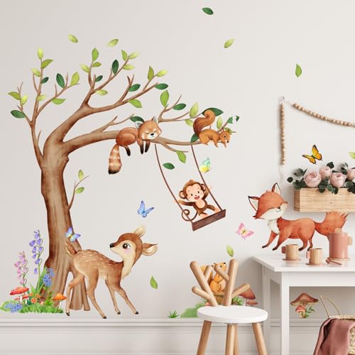 Runtoo Forest Baby Animals Wall Art Decals Jungle Tree Wall Stickers Nursery Kids Room Classroom Wall Decor Birthday Decoration