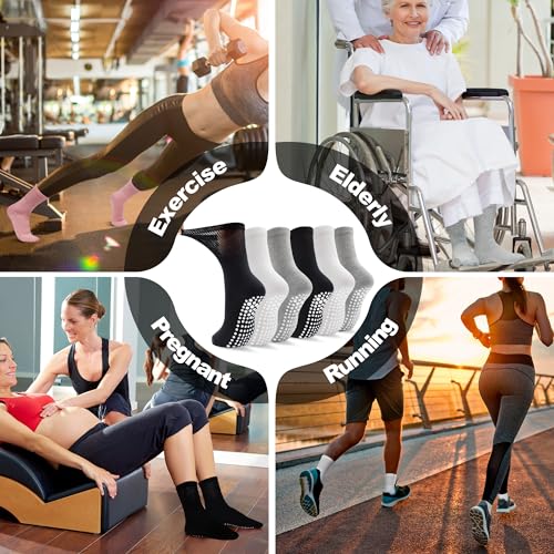 Non-Slip Pilates Grip Socks for Women - 6 Pack (2 Black, 2 White, 2 Light Grey)