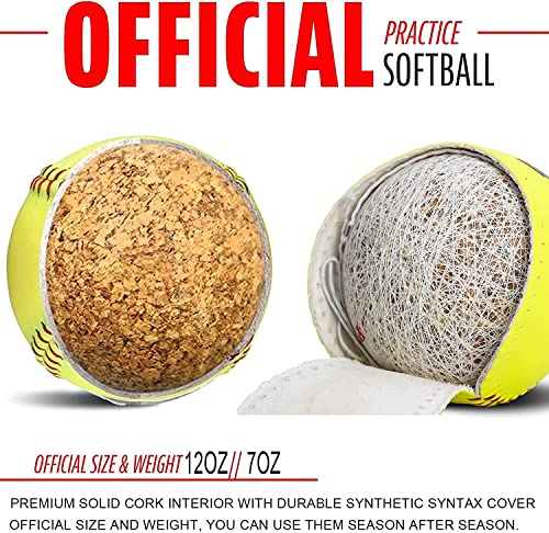 Tebery 6 Pack 12-Inch Official Softballs yellow - Leather-Covered Training Balls