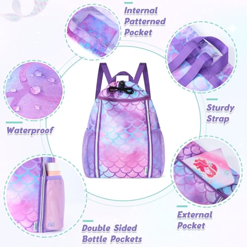 WAWSAM Mermaid Kids Drawstring Backpack with Bottle Pockets – Girls School & Travel Bag