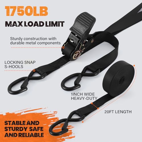 Black 20FT Heavy Duty Ratchet Straps 4-Pack - Industrial Tie Downs for Flatbed & Equipment