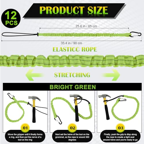 12 Pack Tool Lanyard with Single Metal Buckle and Adjustable Loop End, Standard Length, Maximum Weight Limit 8KG/ 17.6lb, with Aluminum Screw Lock, Retractable Shock Cord Stopper (Green)