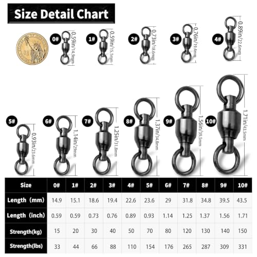 FishTrip 50Pcs Assorted Ball Bearing Swivels – Saltwater & Freshwater, 8-Ball Stainless Steel