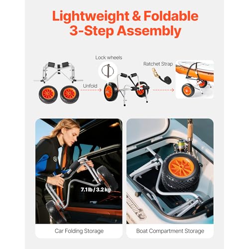 VEVOR Foldable Kayak Cart 250 lbs Capacity with 10-Inch Solid Rubber Tires, 27.6 x 15.7 in
