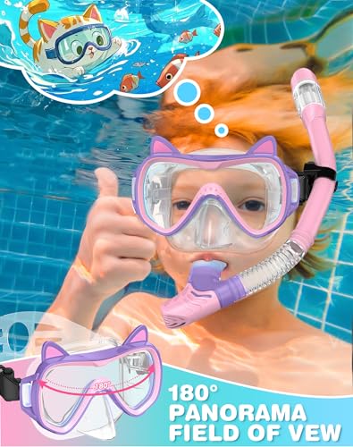 Kids Snorkel Set with Dry Top Mask & Fins - BlueGreen+VioletPink, Kid's Water Gear