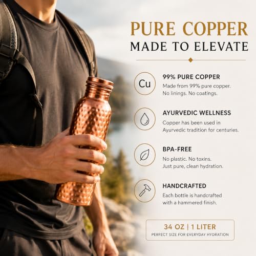 G1 Essentials 34 oz Copper Water Bottle - Handcrafted Leak-Proof Travel Hydration