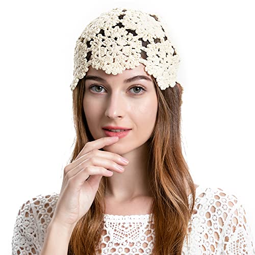ZLYC Women's Cotton Crochet Skull Cap Beanie Hat One Size Beige Handmade Floral Knit