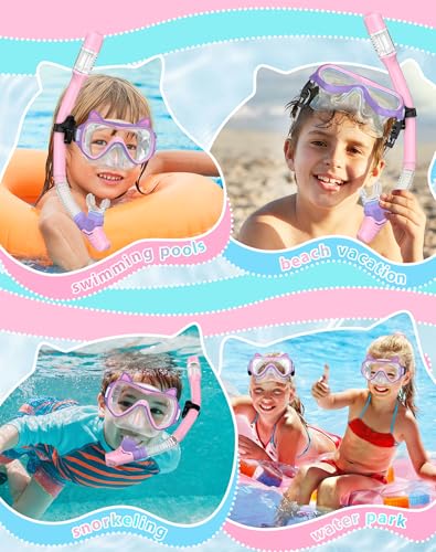 Kids Snorkel Set with Dry Top Mask & Fins - BlueGreen+VioletPink, Kid's Water Gear