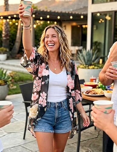 Chiffon Kimono Cover Up - Casual Open Front - Floral Black, Small