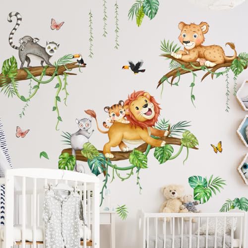 Runtoo Safari Animals Lion Wall Stickers Tropical Palm Leaves Jungle Animal Tree Branch Wall Art Decals for Baby Nursery Kids Bedroom Classroom Home Decor