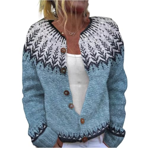 Fair Isle Cardigan Sweater for Women - Open Front, Button Down, C-Royal Blue, XX-Large