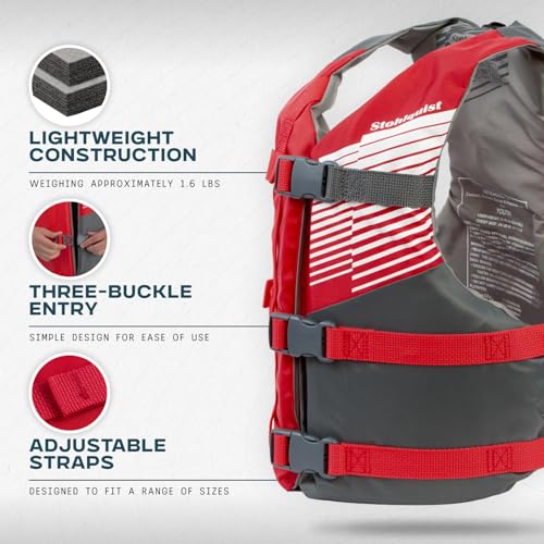 Youth Life Jacket - Coast Guard Approved, Adjustable PFD for 75-125 lbs - Red/Gray