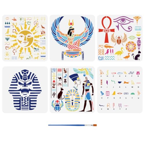 FINGERINSPIRE 6 Pcs Egypt Theme Painting Template with Brush 11.8x11.8inch Egyptian Writing Painting Template Pharaoh Skull Stencil Sun Stencils Reusable DIY Art Craft Stencil for Wood Floor Wall