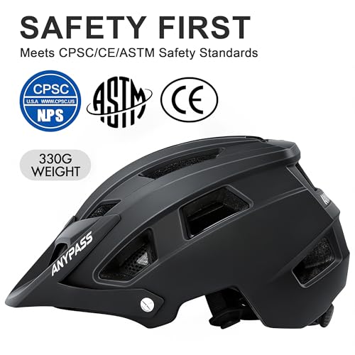 Mountain Bike Helmet for Adults - Lightweight, Adjustable Fit - Matte Black, Large