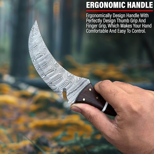 RC Damascus Hunting Knife with Leather Sheath - Full Tang Fixed Blade, 9 Inch Outdoor Survival Knife for Men