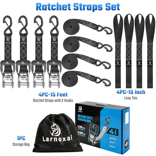 Black 1.5-inch x 15ft Heavy-Duty Ratchet Straps with Locking S-Hooks - 4 Pack