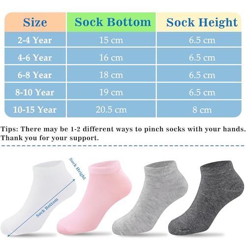 Low Cut Ankle Socks for Girls - 12 Pairs, Ages 10-15 - Gray, White, Light Pink