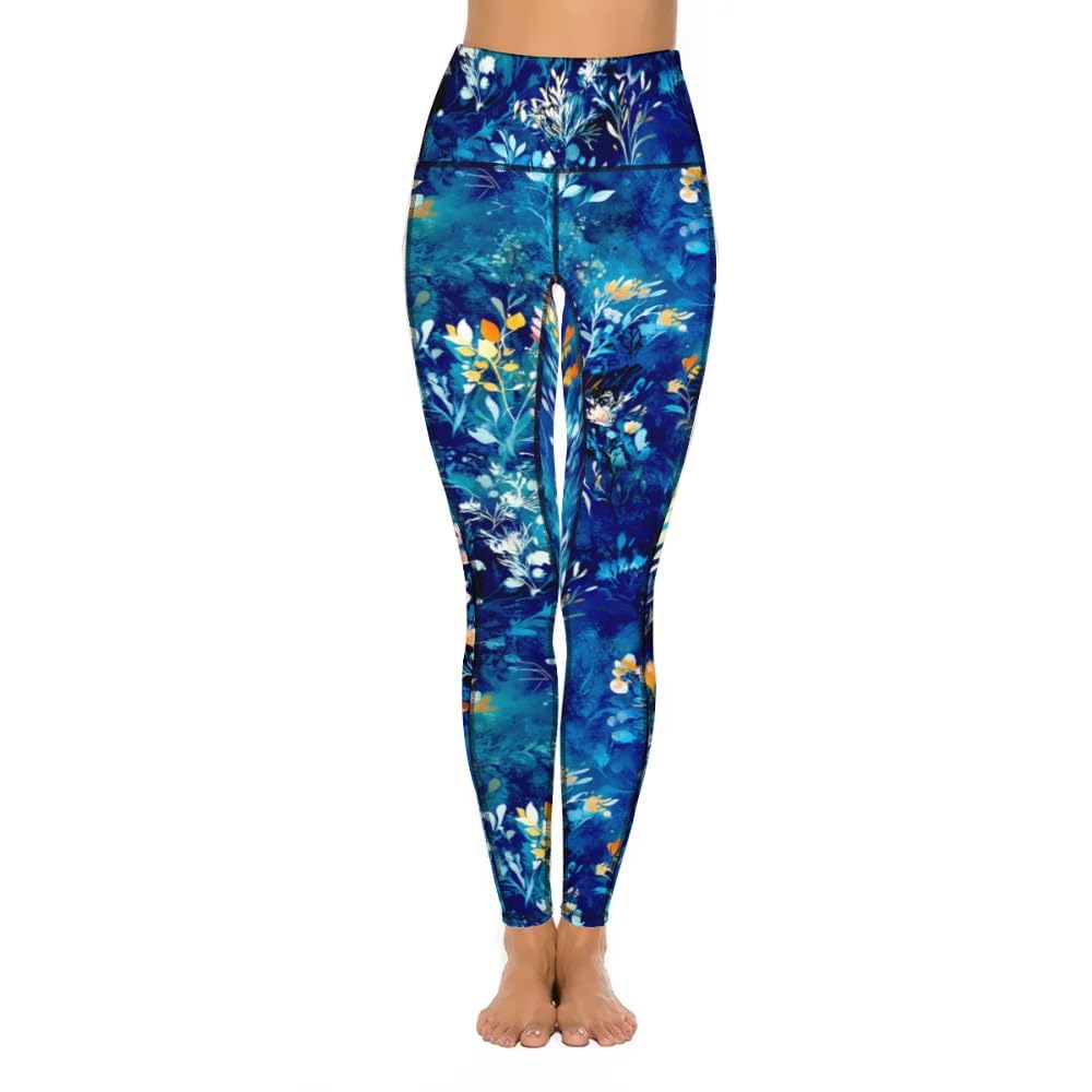 KevaMolly Women Yoga Pants with Phone Pockets High Waisted Leggings Petite Length Workout Activewear Blue Print L
