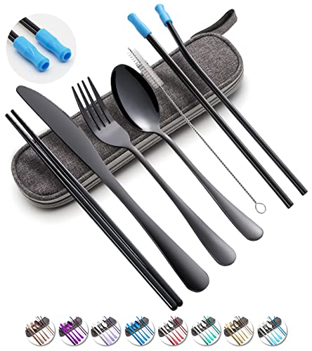 Travel Utensils Set - Reusable Portable Cutlery with Case - 8pcs Stainless Steel - Black