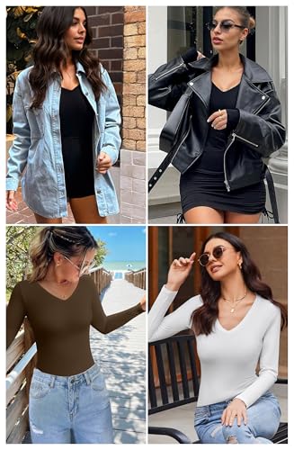 Ekouaer Women's 3-Pack Long Sleeve V-Neck Layering Undershirts Black White Grey M