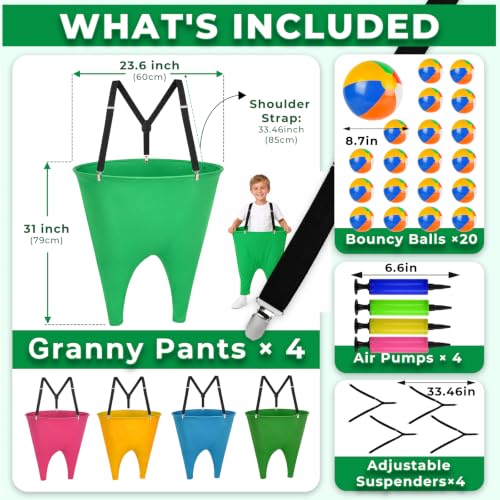 Child MultiColor Granny Pants Yard Game Set with Bouncy Balls & Adjustable Suspenders - Fun Outdoor Toss & Ring Toss for Kids & Adults