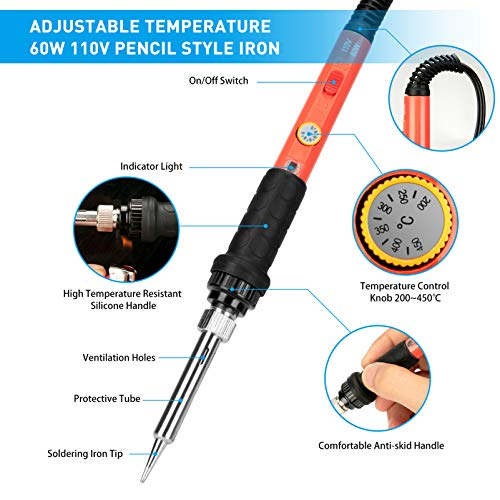 Soldering Iron Kit, 60W Upgraded Soldering Kits Adjustable Temperature Welding Tool Solder Irons Pen with On/Off Switch Use for Electrical Repairs