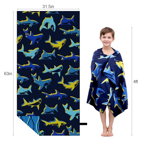 Microfiber Beach Towel - Bright Yellow Blue Shark Design - Dark Blue Shark