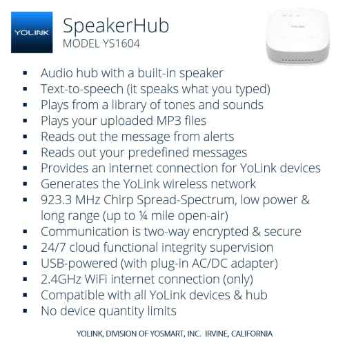 YoLink Water Leak Detection Starter Kit, w/SpeakerHub Audio/Talking Hub & Water Leak Sensor 1, LoRa Up to 1/4 Mile Open-Air Range, SMS/Text, Email & Push Notifications, w/Alexa, IFTTT, Home Assistant