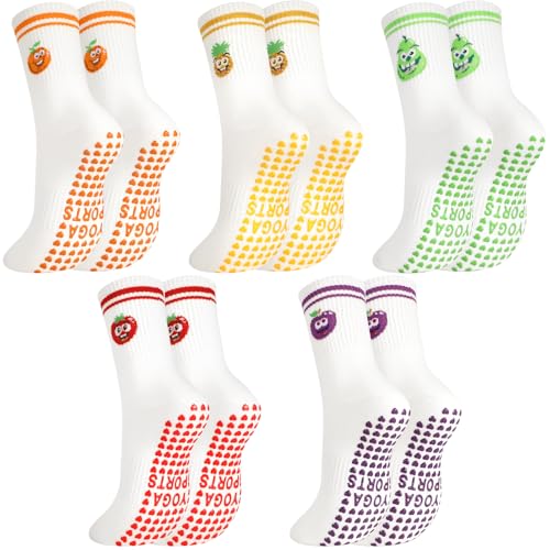 Non-Slip Pilates Socks for Women - Cute Fruit Pattern, 5 Pairs - Red, Purple, Yellow, Orange, Green