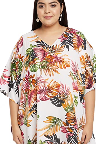 White Tropical Leaf Plus Size Caftan Maxi Dress for Women, Beach Cover Up Kimono
