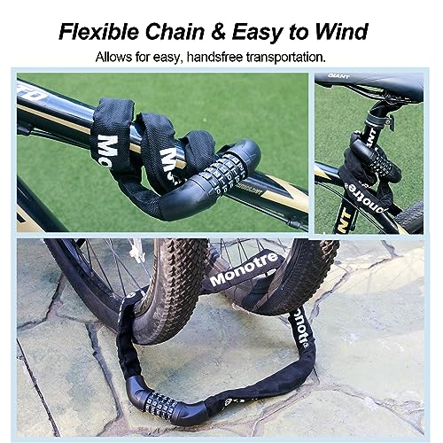 Monotre 3.9ft 5-Digit Resettable Bike Chain Lock - Keyless Anti-Theft for Bicycle, Motorcycle, Scooter (Black)