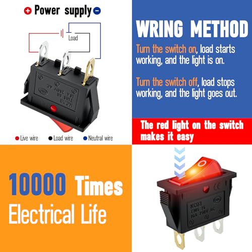 Red LED Rocker Switch - SPST On/Off 3-Pin Electrical Toggle - 2Pcs