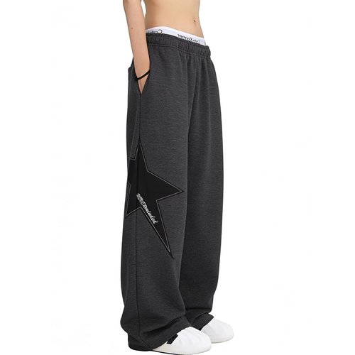 Pooyikoi Women Streetwear Sweatpants Drawstring Elastic Waist Loose Wide Leg Joggers Y2k Star Print Pants Harajuku Trousers (US, Alpha, Small, Regular, Regular, Dark Grey)