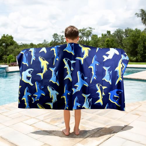Microfiber Beach Towel - Bright Yellow Blue Shark Design - Dark Blue Shark