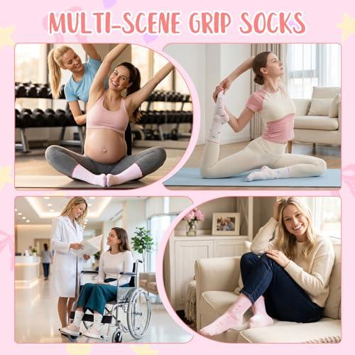 Pink & White 4 Pairs Women Pilates Socks Ruffle Grip Anti Slip Yoga Socks