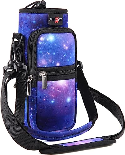 AUPET 32oz Insulated Water Bottle Sling Bag Carrier with Pockets & Strap - Purple Starry Sky