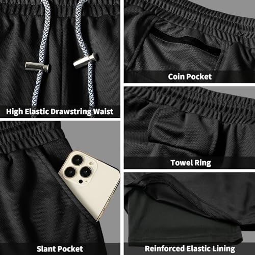Men's 2 in 1 Running Shorts - Quick Dry Athletic Shorts with Zip Pockets & Towel Loop - Black, Medium